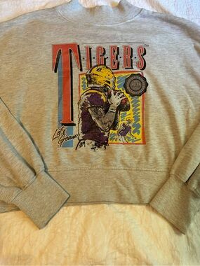 Chicka-d LSU Tigers Women’s M Cropped Mock Neck Sweatshirt Gray Football